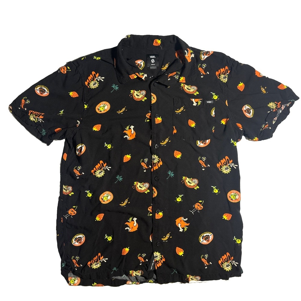 Vans Men's Black Short Sleeve Button-Up, Fruit Sticker Pattern, Size Medium